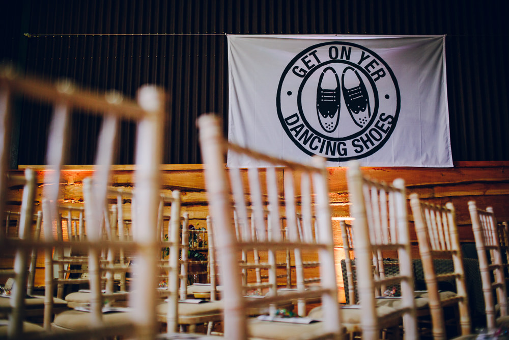 Get On Yer Dancing Shoes Banner Sign Tatton Wedding Stock Farm Barn Amy B Photography