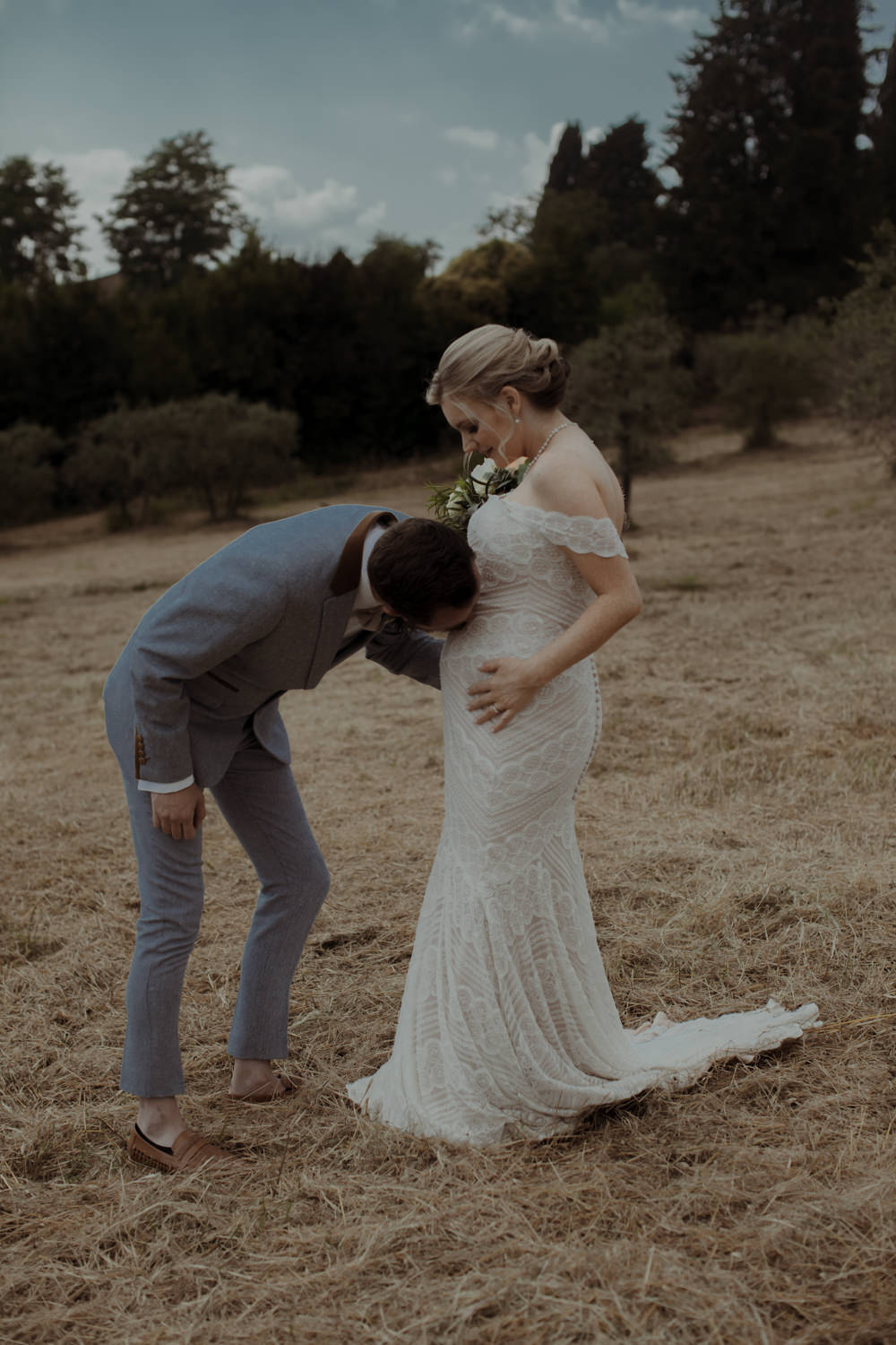 Dress Gown Lace Bride Bridal Off Shoulder Bardot Fit Flare Pippin Watters Pregnant Tuscany Destination Wedding ZONZO