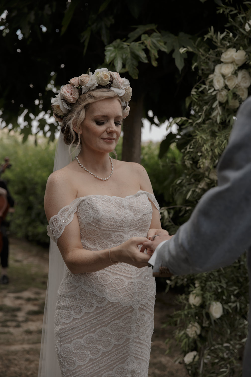 Dress Gown Lace Bride Bridal Off Shoulder Bardot Fit Flare Pippin Watters Pregnant Flower Crown Tuscany Destination Wedding ZONZO