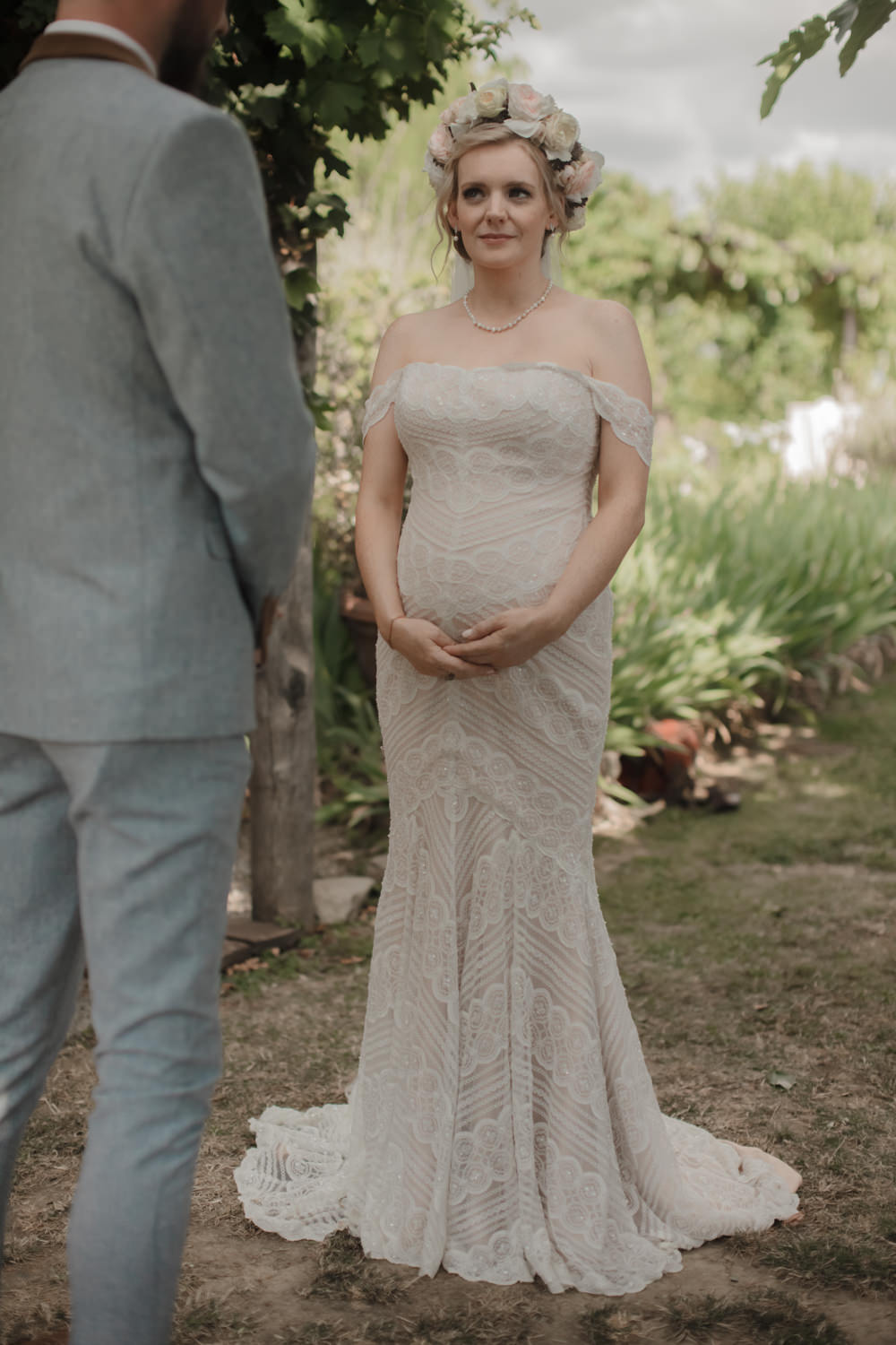 Dress Gown Lace Bride Bridal Off Shoulder Bardot Fit Flare Pippin Watters Pregnant Flower Crown Tuscany Destination Wedding ZONZO