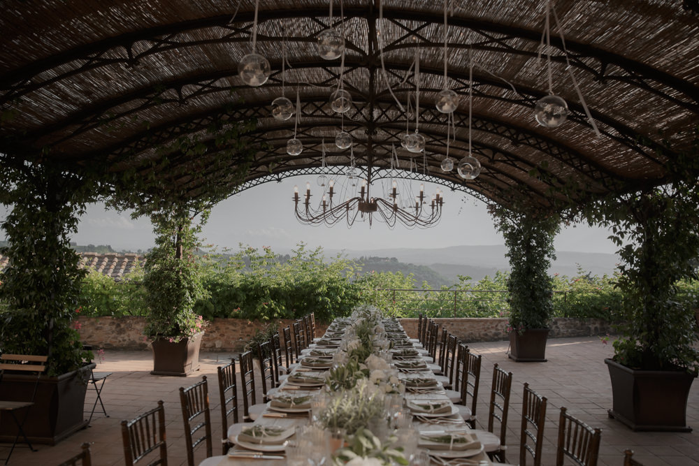 Outdoor Outside Table Tablescape Decor Flowers Pot Plants Long Tables Hanging Tea Lights Tuscany Destination Wedding ZONZO
