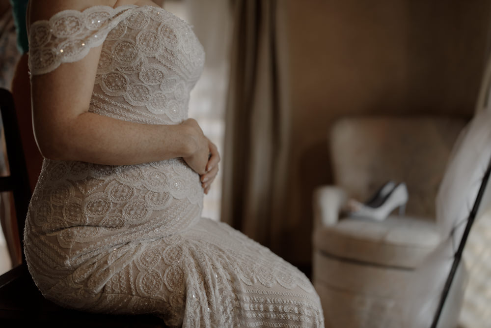 Dress Gown Lace Bride Bridal Off Shoulder Bardot Fit Flare Pippin Watters Pregnant Tuscany Destination Wedding ZONZO