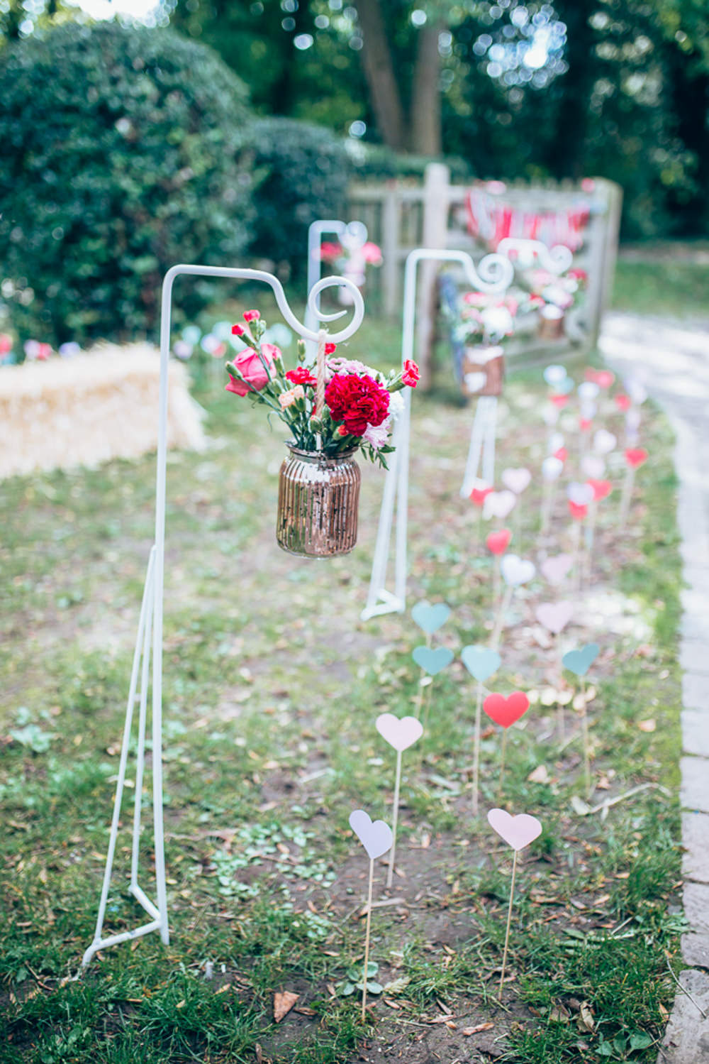 Shepherd Hook Flowers Outdoors Jars Hearts Sticks Decor Village Hall Wedding Samantha Kay Photography