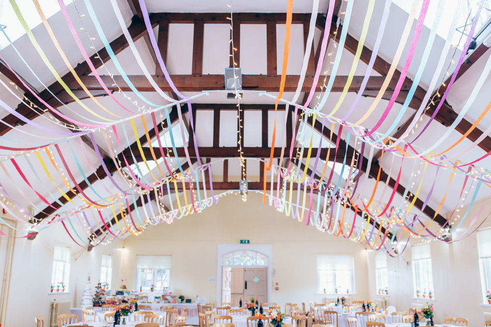 Ribbons Streamers Decor Colourful Ceiling Fairy Lights Village Hall Wedding Samantha Kay Photography