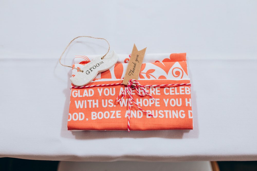 Tea Towel Favours Place Setting Names Village Hall Wedding Samantha Kay Photography