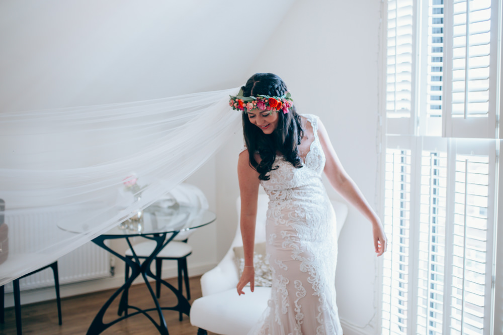 Dress Gown Bride Bridal Lace Train Veil Village Hall Wedding Samantha Kay Photography