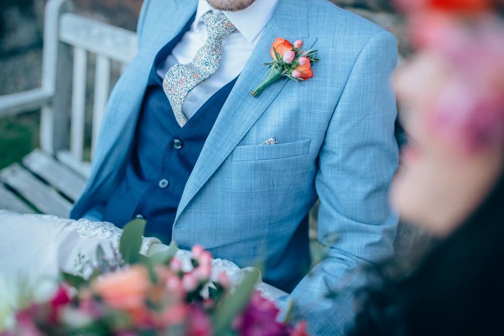 Groom Suit Blue Waistcoat Floral Tie Village Hall Wedding Samantha Kay Photography