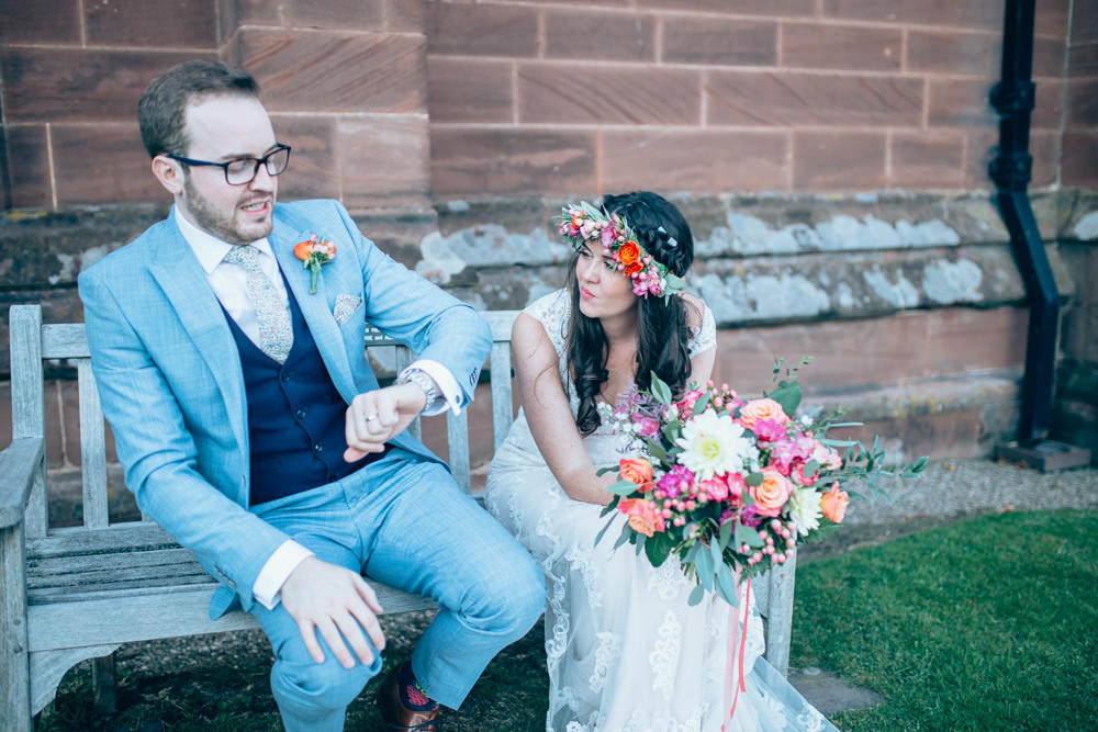 Groom Suit Blue Waistcoat Floral Tie Village Hall Wedding Samantha Kay Photography