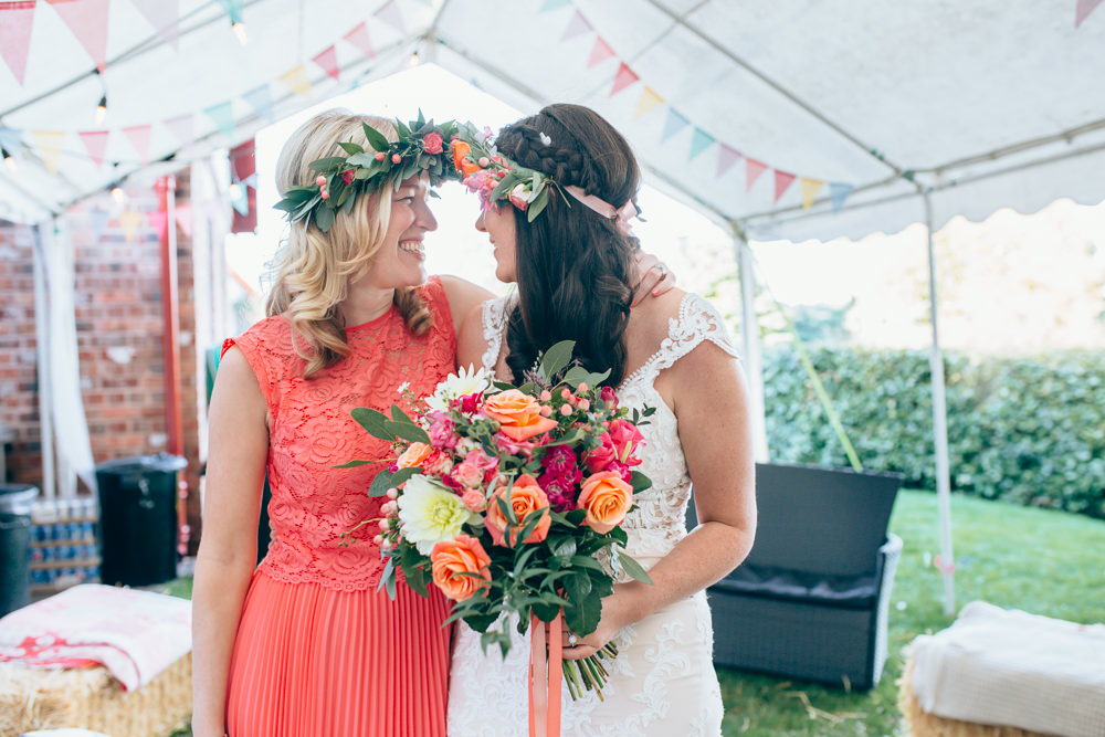 Coral Bridesmaid Dress Flower Crown Village Hall Wedding Samantha Kay Photography