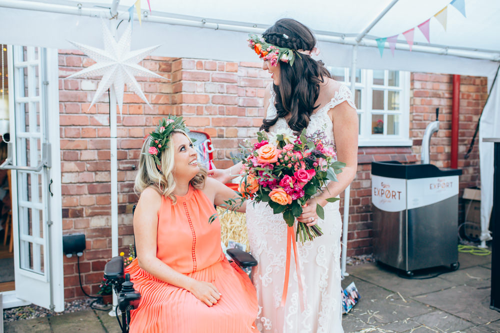 Coral Bridesmaid Dress Flower Crown Village Hall Wedding Samantha Kay Photography