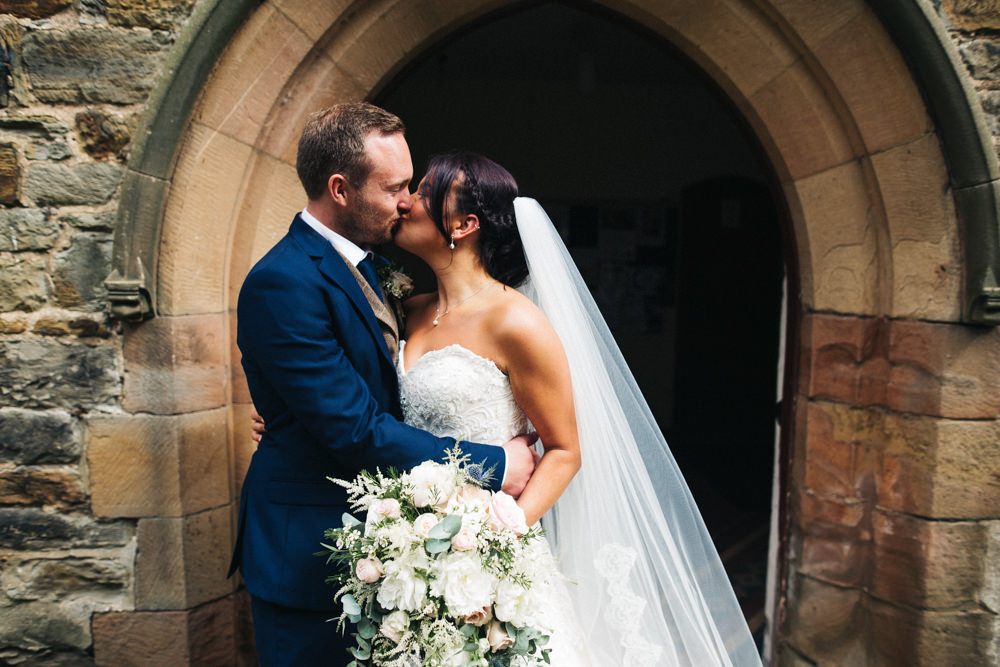 Bride Bridal Sweetheart Neckline Dress Gown Fit Flare Navy Suit Groom Tweed Waistcoat Veil Whinstone View Wedding Sally T Photography