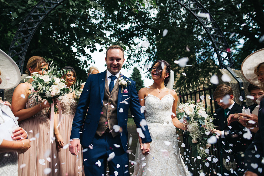 Bride Bridal Sweetheart Neckline Dress Gown Fit Flare Navy Suit Groom Tweed Waistcoat Veil Confetti Whinstone View Wedding Sally T Photography