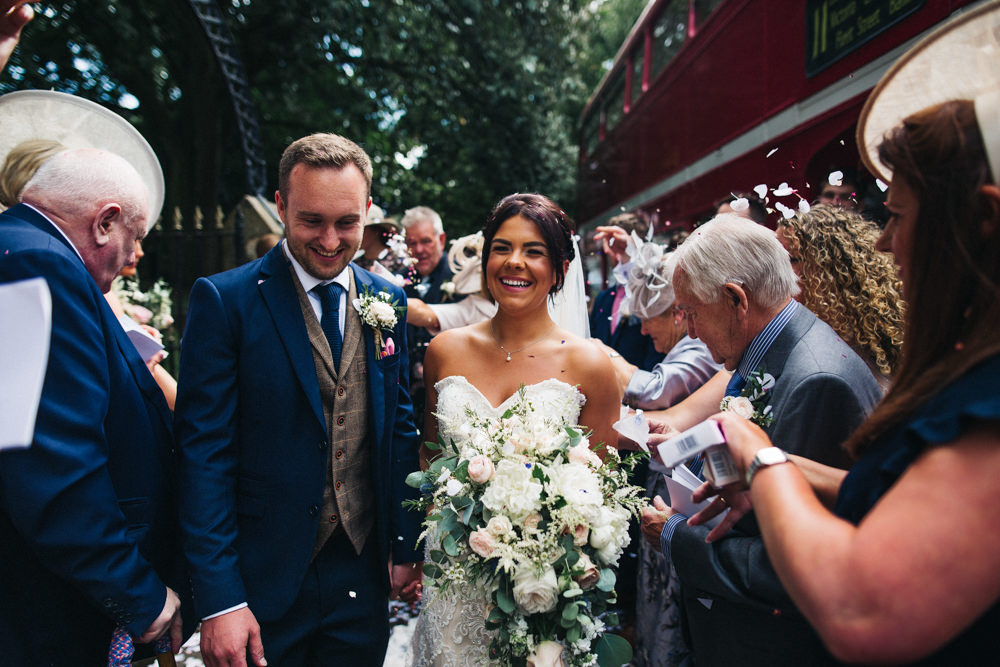 Bride Bridal Sweetheart Neckline Dress Gown Fit Flare Navy Suit Groom Tweed Waistcoat Veil Whinstone View Wedding Sally T Photography