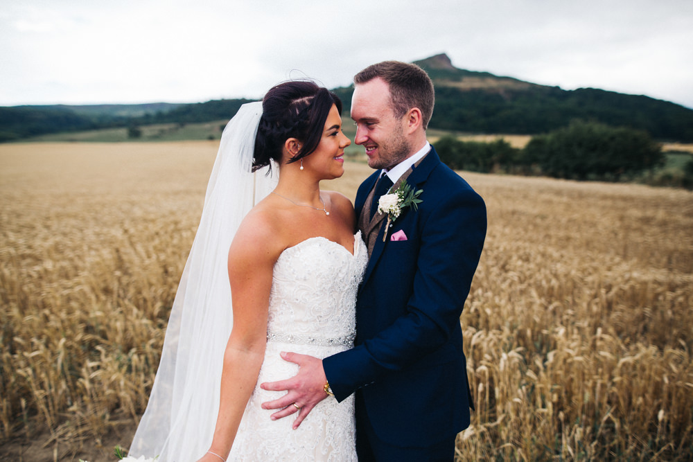 Bride Bridal Sweetheart Neckline Dress Gown Fit Flare Navy Suit Groom Tweed Waistcoat Veil Whinstone View Wedding Sally T Photography