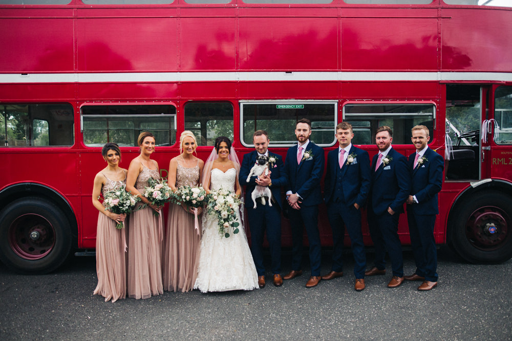 Bride Bridal Sweetheart Neckline Dress Gown Fit Flare Navy Suit Groom Tweed Waistcoat Veil Pink Sparkly Maxi Dress Bridesmaids Whinstone View Wedding Sally T Photography
