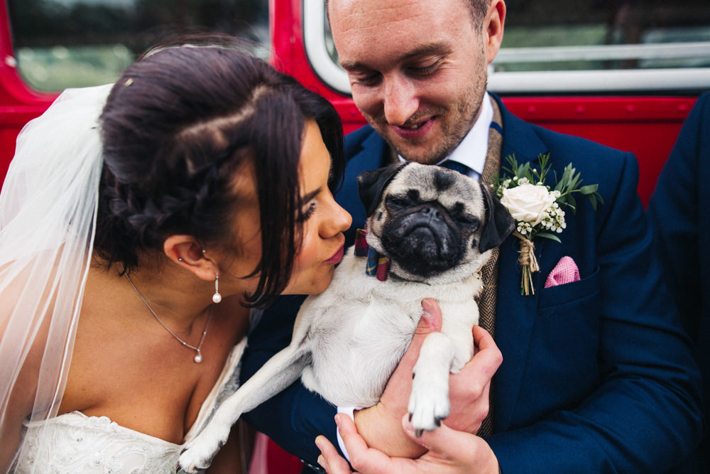 Bride Bridal Sweetheart Neckline Dress Gown Fit Flare Navy Suit Groom Tweed Waistcoat Veil Dog Whinstone View Wedding Sally T Photography
