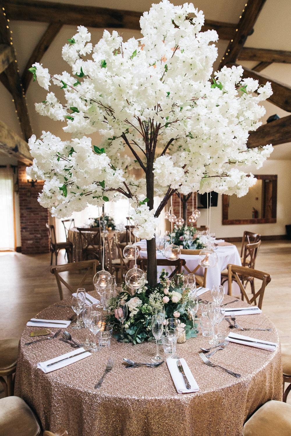 Blossom Tree Centre Piece Sequin Table Cloth Hanging Tealights Whinstone View Wedding Sally T Photography