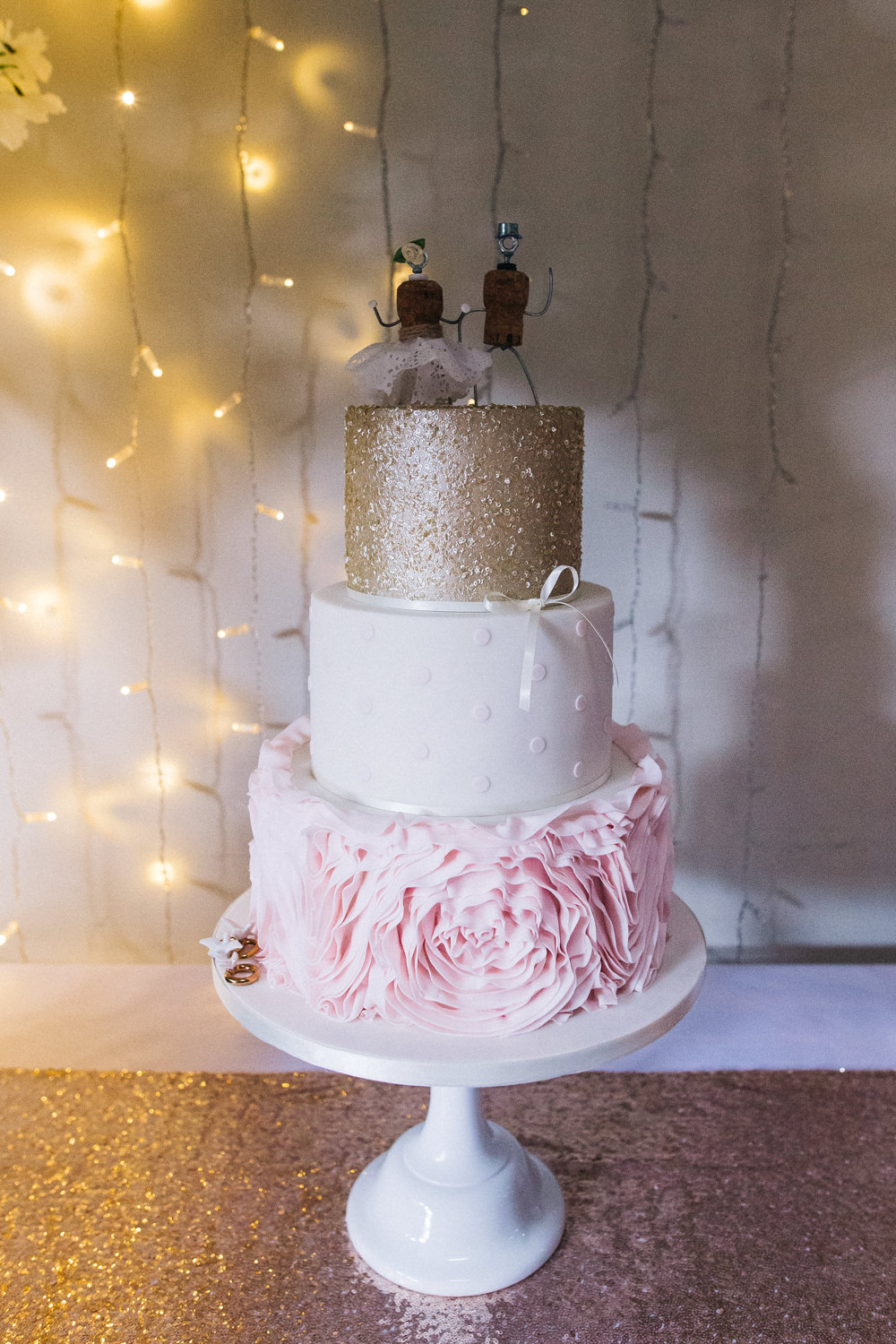 Cake Pea Light Curtain Sequin Polka Dot Ruffle Champagne Cork Topper Whinstone View Wedding Sally T Photography