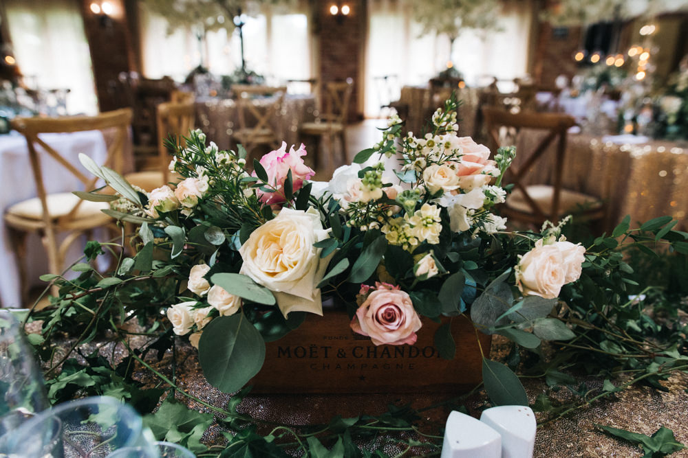 Champagne Crate Floral Arrangement Centrepiece Roses Whinstone View Wedding Sally T Photography