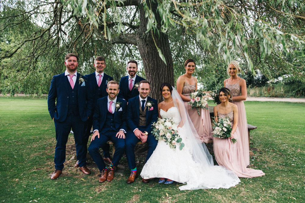Bride Bridal Sweetheart Neckline Dress Gown Fit Flare Navy Suit Groom Tweed Waistcoat Veil Pink Sparkly Bridesmaids Maxi Groomsmen Whinstone View Wedding Sally T Photography