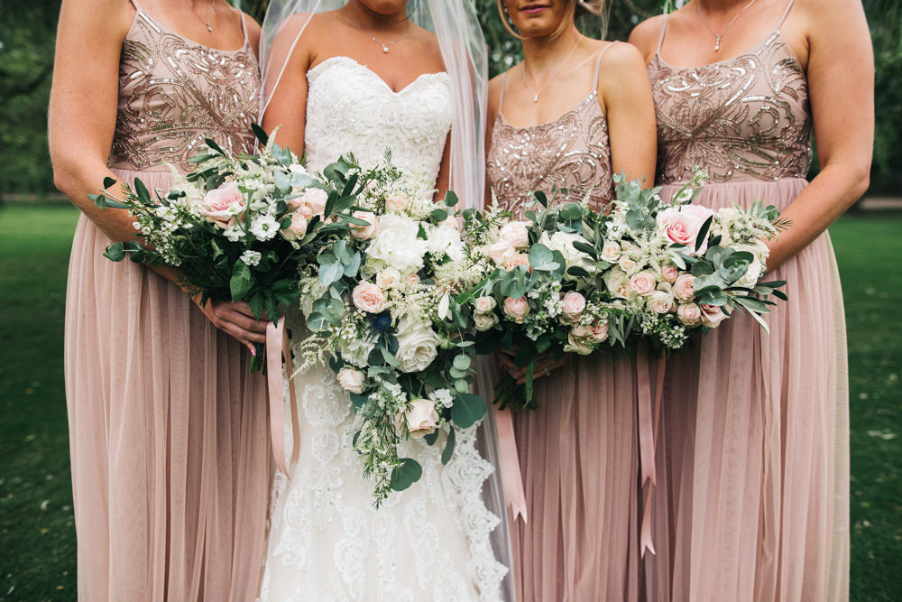 Bride Bridal Sweetheart Neckline Dress Gown Fit Flare Pink Sparkly Maxi Dress Bridesmaids Trailing Bouquet Veil Whinstone View Wedding Sally T Photography