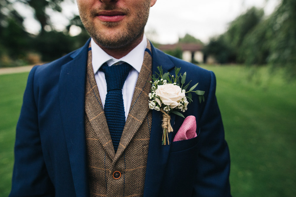 Navy Suit Groom Tweed Waistcoat Knitted Tie Whinstone View Wedding Sally T Photography