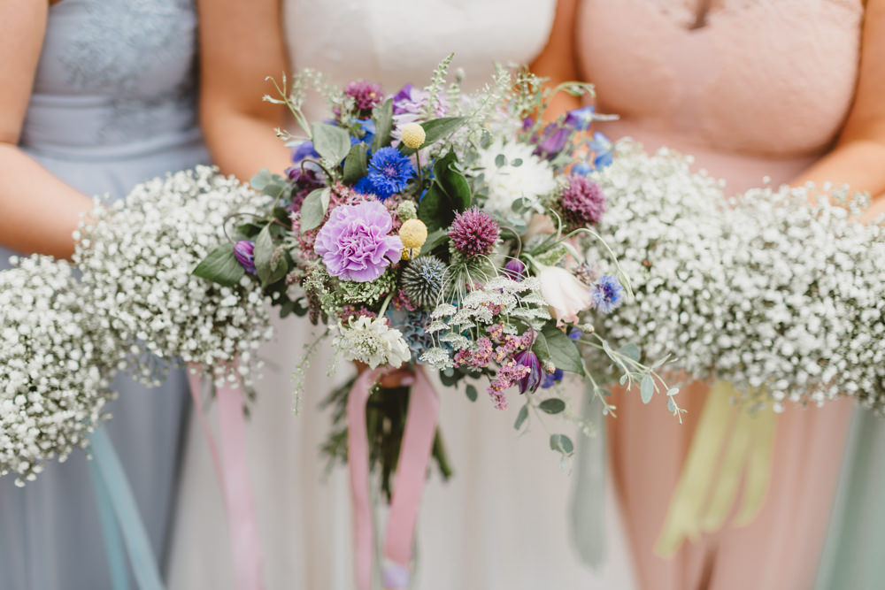 Bouquet Flowers Bride Bridal Ribbons Colourful Thistle Craspedia Wylam Brewery Wedding Amy Lou Photography