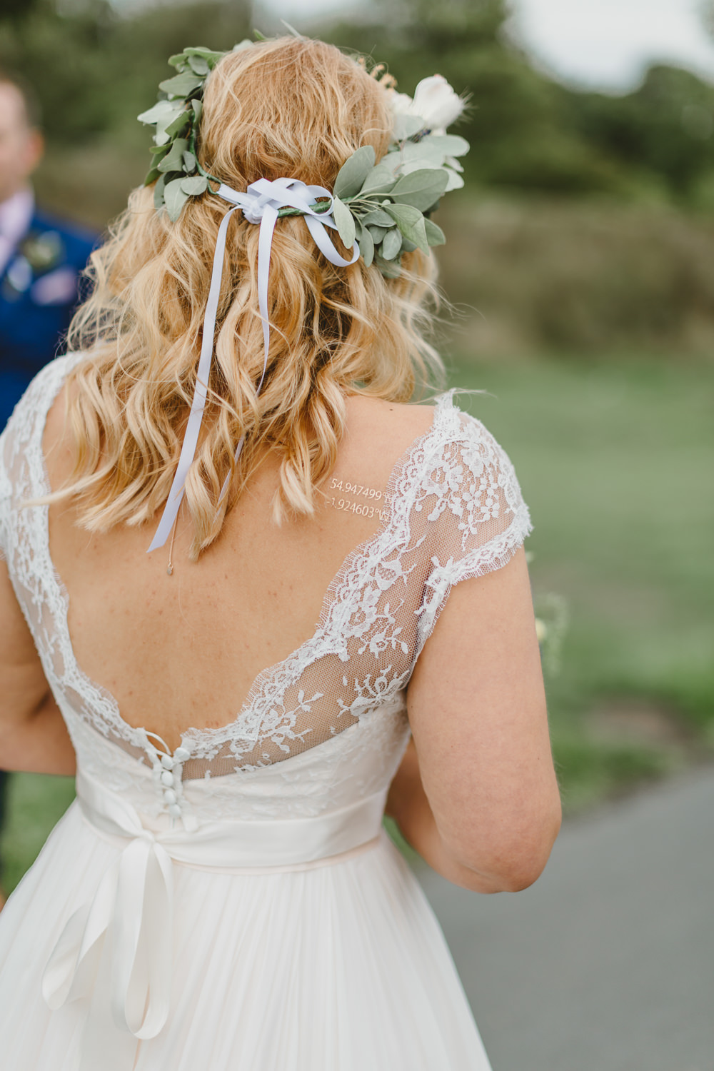 Dress Gown Bride Bridal Naomi Neoh A Line Lace Top Cap Sleeves Flower Crown Wylam Brewery Wedding Amy Lou Photography