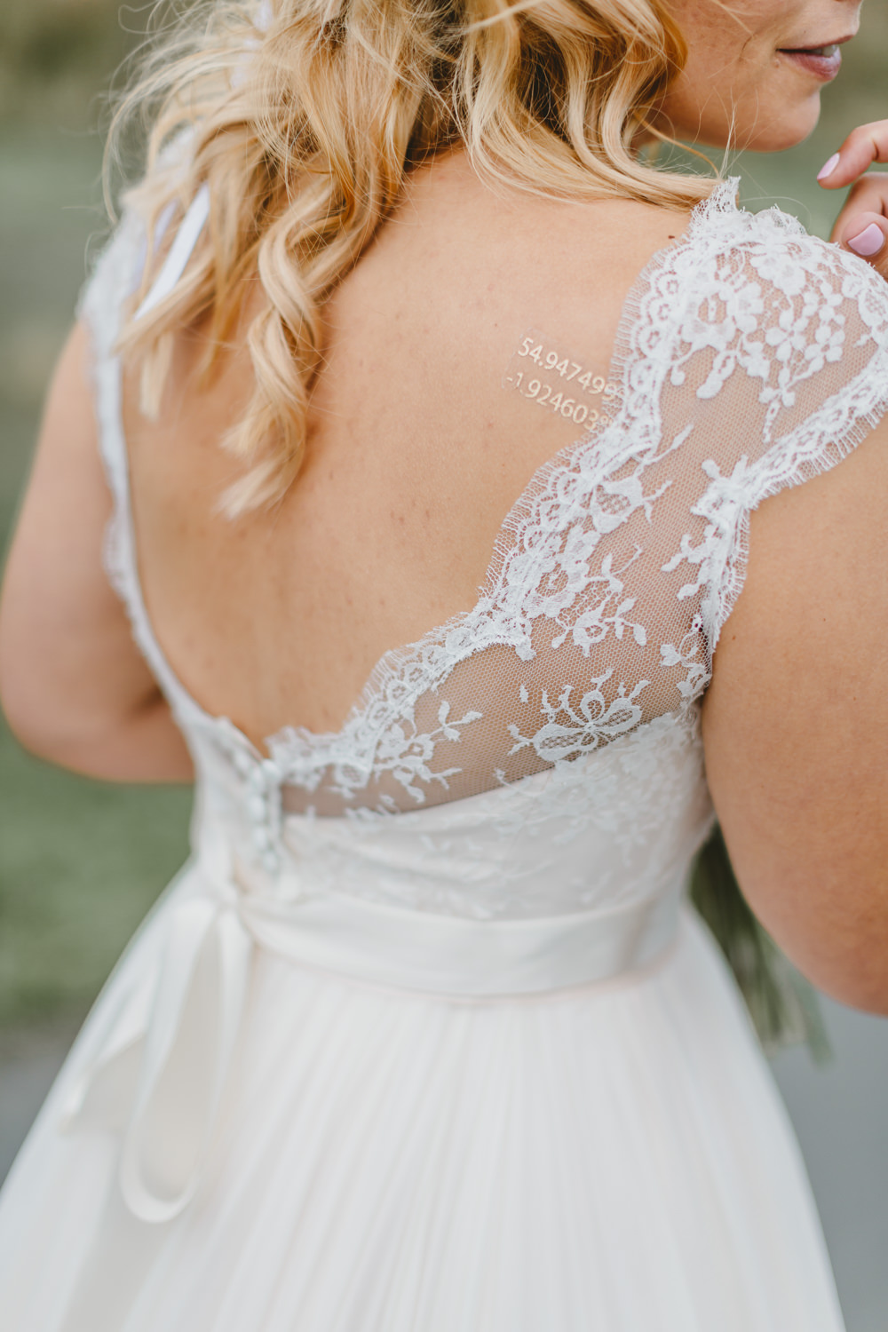 Dress Gown Bride Bridal Naomi Neoh A Line Lace Top Cap Sleeves Buttons Bow Sash Ribbon Wylam Brewery Wedding Amy Lou Photography