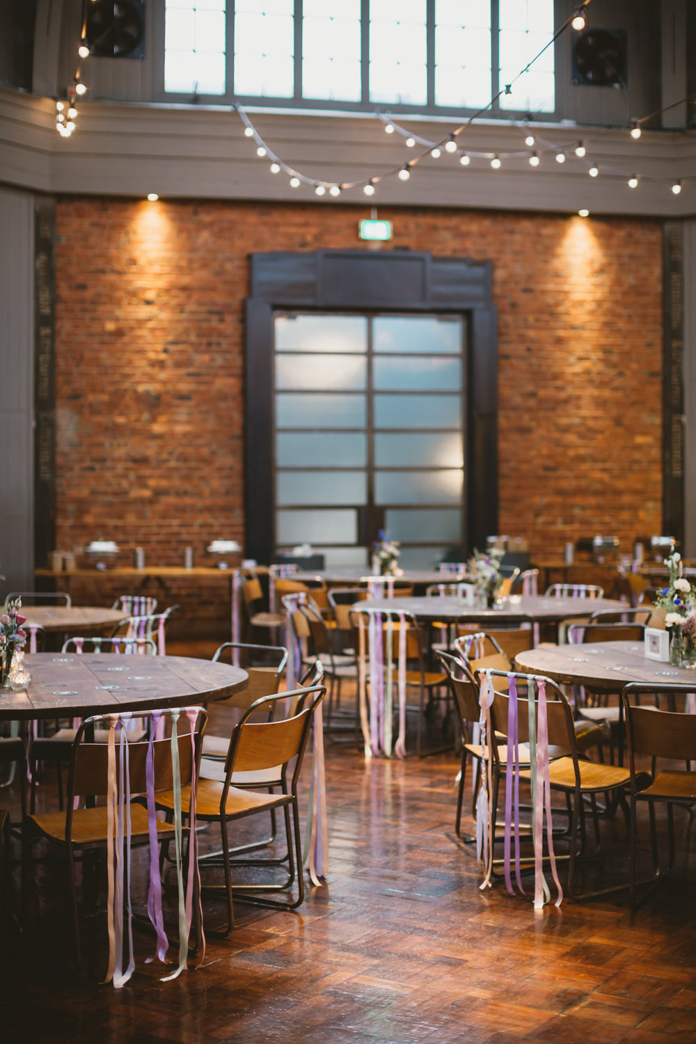 Reception Venue Decor Decoration Industrial Ribbon Chairs Colourful Wylam Brewery Wedding Amy Lou Photography