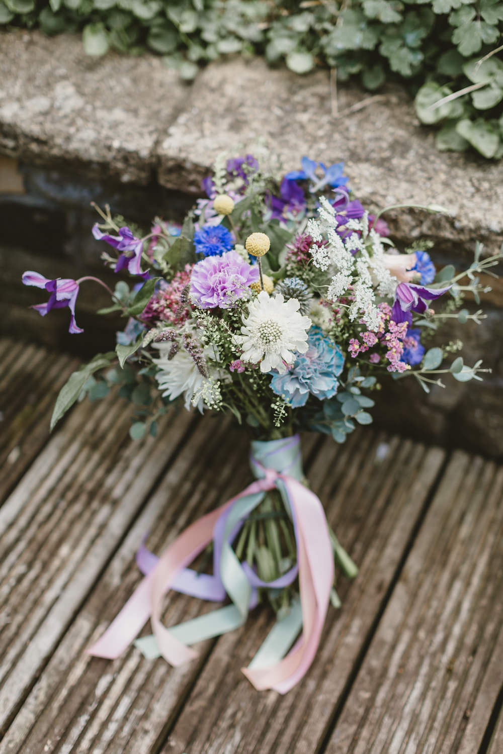 Bouquet Flowers Bride Bridal Ribbons Colourful Thistle Craspedia Wylam Brewery Wedding Amy Lou Photography
