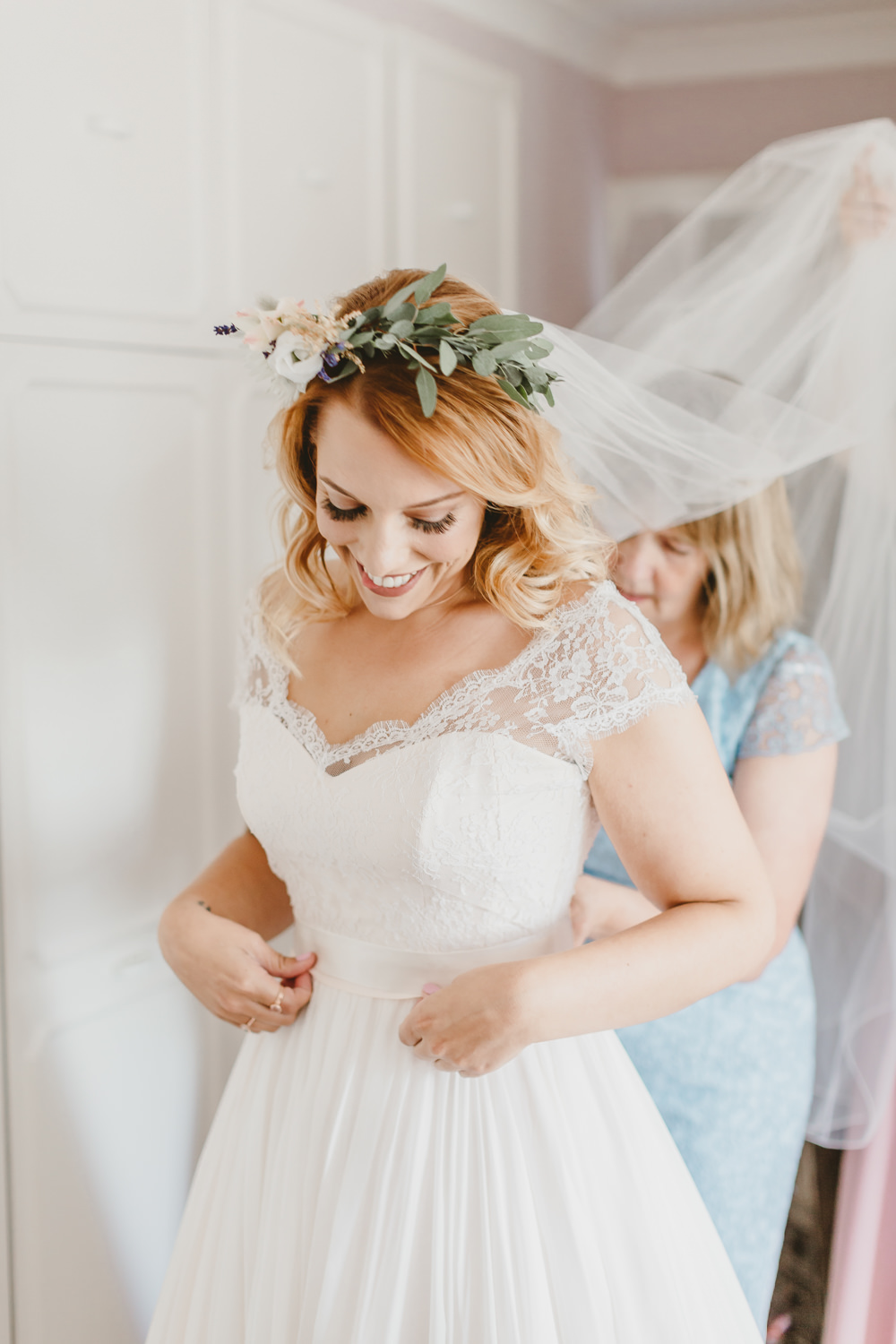 Dress Gown Bride Bridal Naomi Neoh A Line Lace Top Cap Sleeves Flower Crown Veil Wylam Brewery Wedding Amy Lou Photography