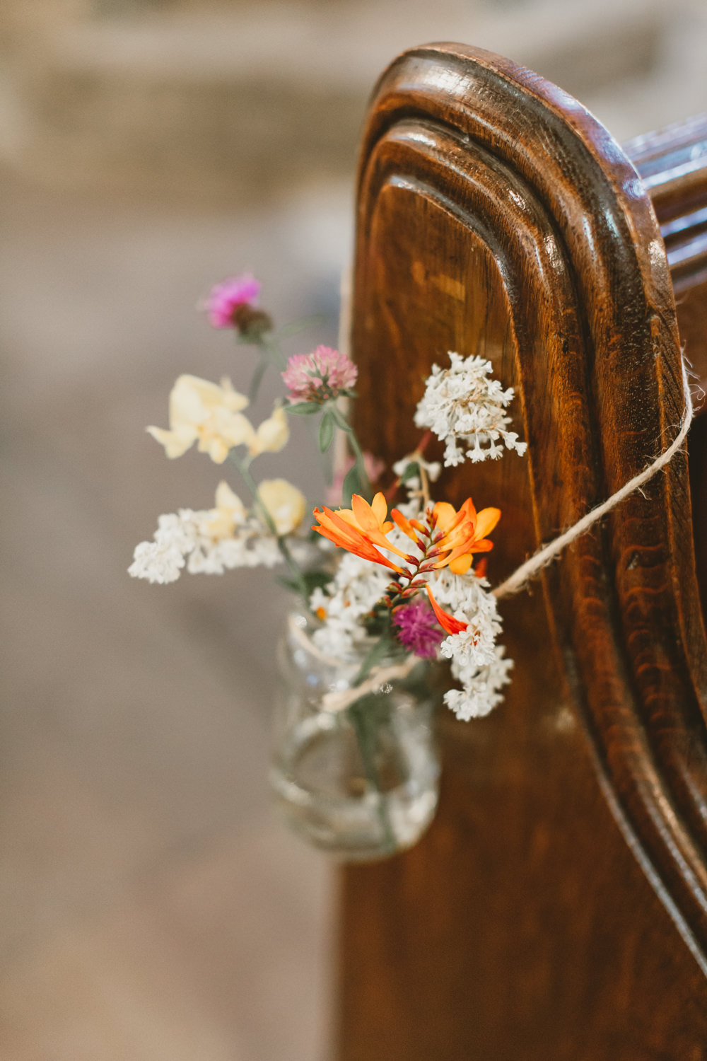 Pew End Aisle Ceremony Flowers Jar Twine Wylam Brewery Wedding Amy Lou Photography
