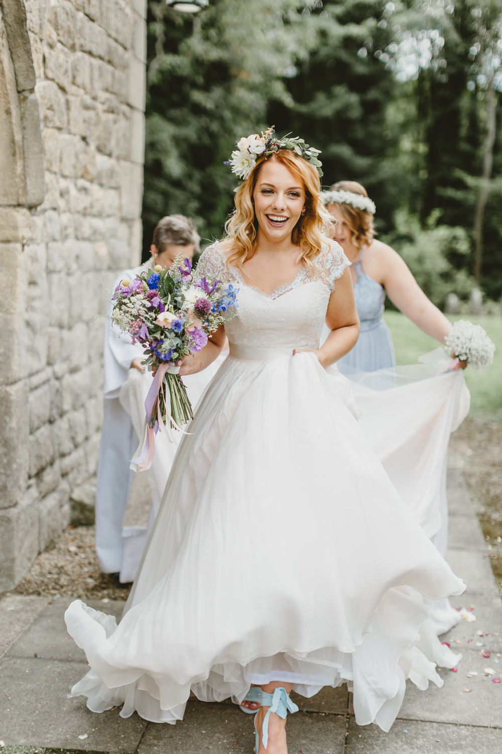 Dress Gown Bride Bridal Naomi Neoh A Line Lace Top Cap Sleeves Flower Crown Veil Wylam Brewery Wedding Amy Lou Photography