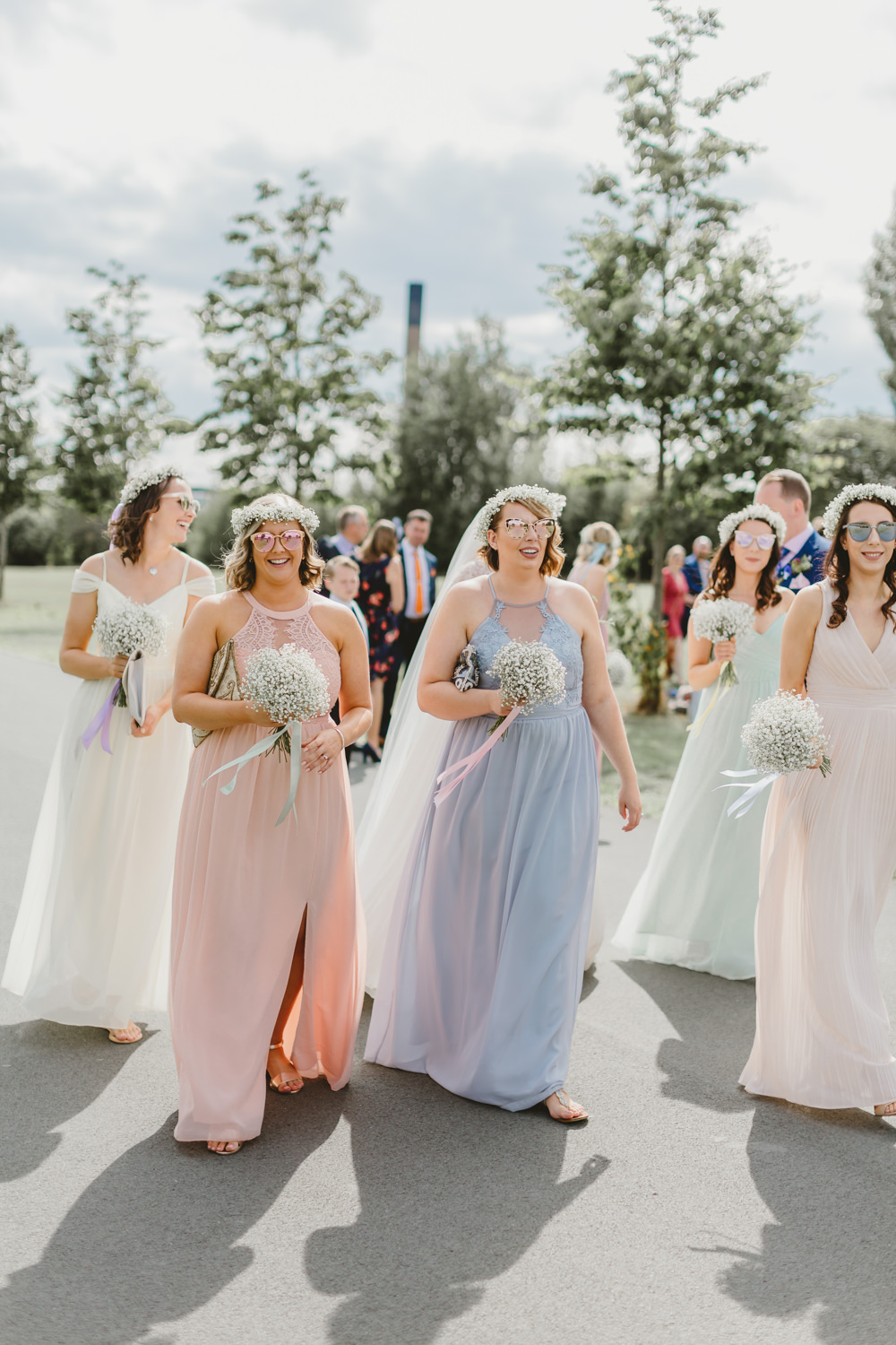 Pastel Mismatched Long Maxi Bridesmaid Dresses Flower Crowns Dress Wylam Brewery Wedding Amy Lou Photography