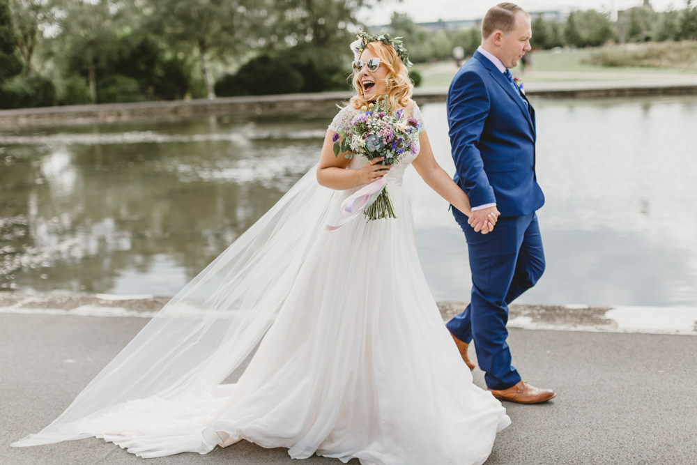 Dress Gown Bride Bridal Naomi Neoh A Line Lace Top Cap Sleeves Flower Crown Veil Wylam Brewery Wedding Amy Lou Photography