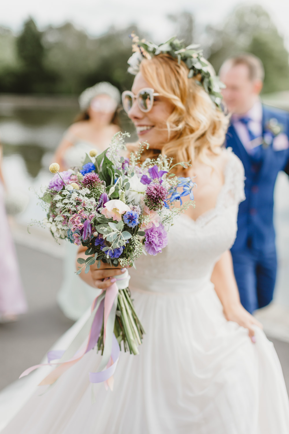 Bouquet Flowers Bride Bridal Ribbons Colourful Thistle Craspedia Wylam Brewery Wedding Amy Lou Photography