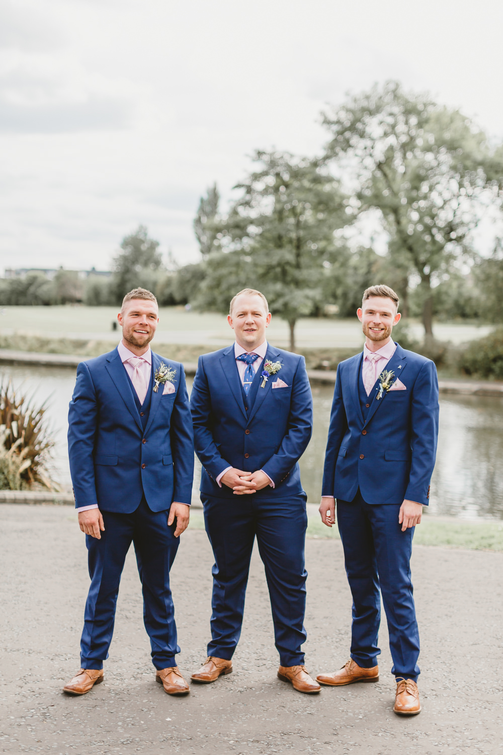 Groom Suit Blue Waistcoat Groomsmen Pink Shirt Wylam Brewery Wedding Amy Lou Photography