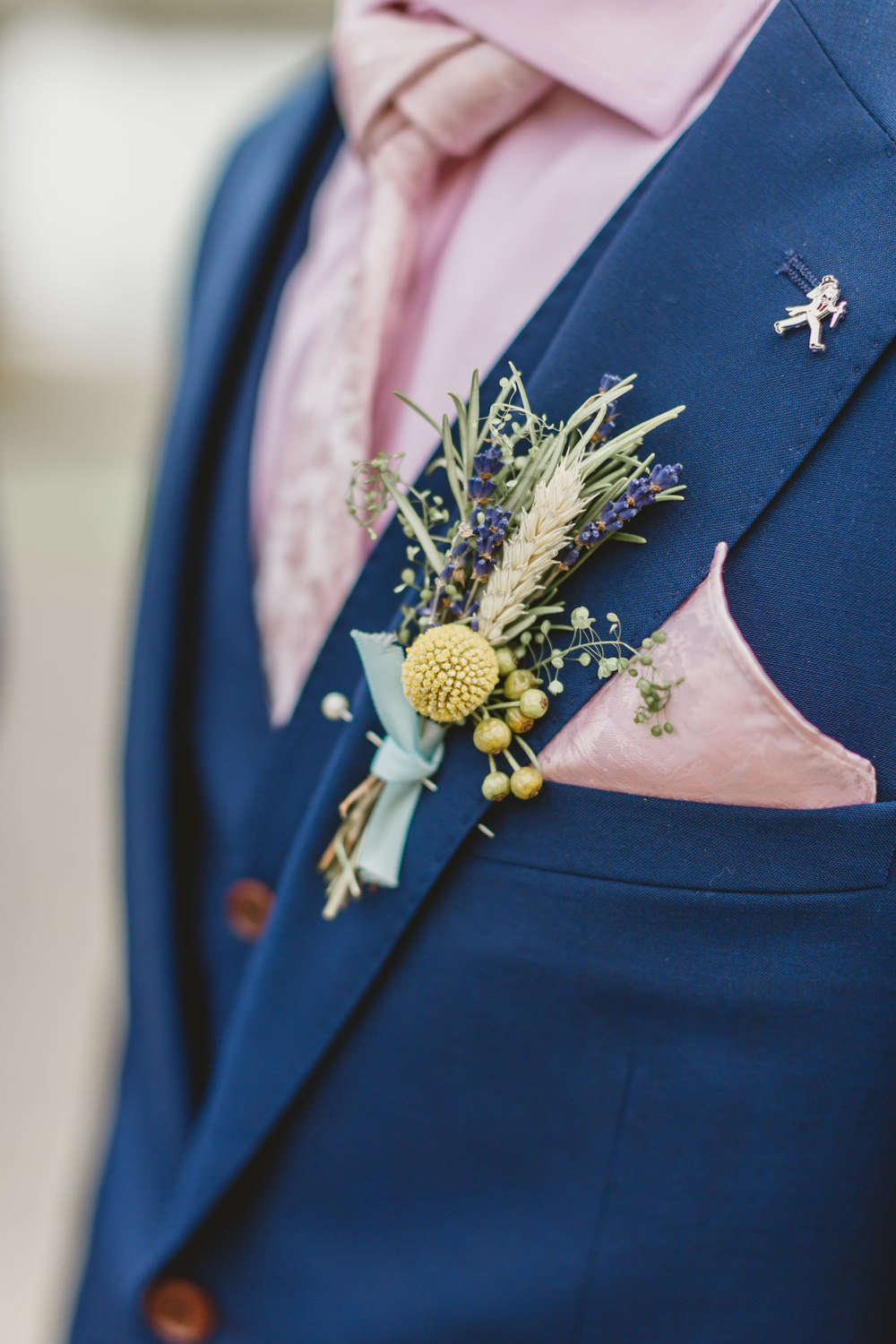 Groom Suit Blue Waistcoat Groomsmen Pink Shirt Buttonhole Flowers Wheat Lavender Craspedia Wylam Brewery Wedding Amy Lou Photography
