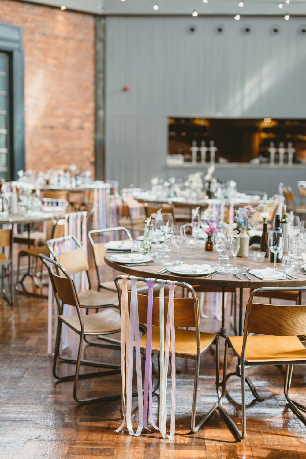 Reception Venue Decor Decoration Industrial Ribbon Chairs Colourful Wylam Brewery Wedding Amy Lou Photography