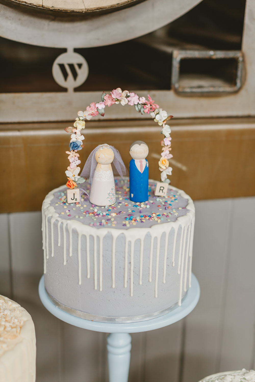 Cake Drip Grey Bride Groom Topper Sprinkles Stand Wylam Brewery Wedding Amy Lou Photography