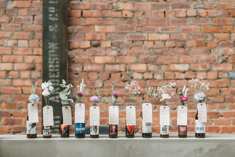 Flowers Bottles Seating Plan Table Chart Luggage Tags Wylam Brewery Wedding Amy Lou Photography