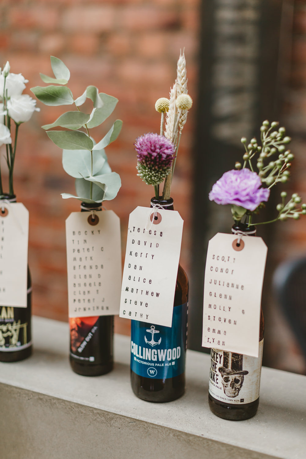 Flowers Bottles Seating Plan Table Chart Luggage Tags Wylam Brewery Wedding Amy Lou Photography
