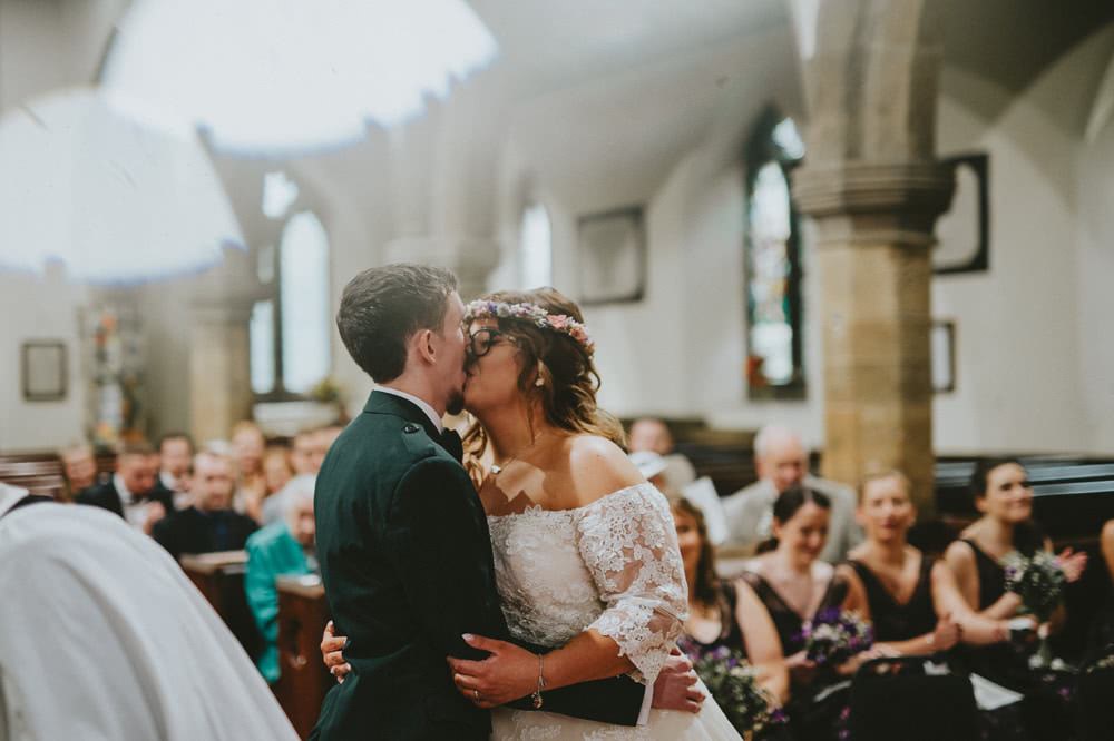 Bride Bridal Lace Sleeves Overlay A Line Dress Gown Flower Crown Kilt Green Jacket Groom Bow Tie Ash Farm Barns Wedding Flawless Photography