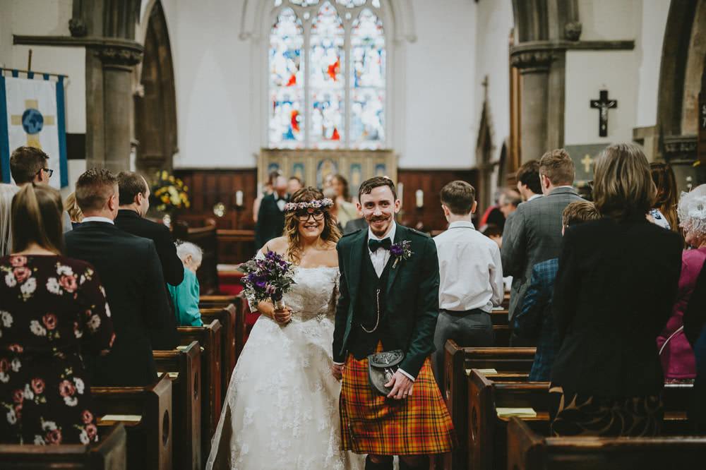 Bride Bridal Lace Sleeves Overlay A Line Dress Gown Flower Crown Kilt Green Jacket Groom Bow Tie Ash Farm Barns Wedding Flawless Photography
