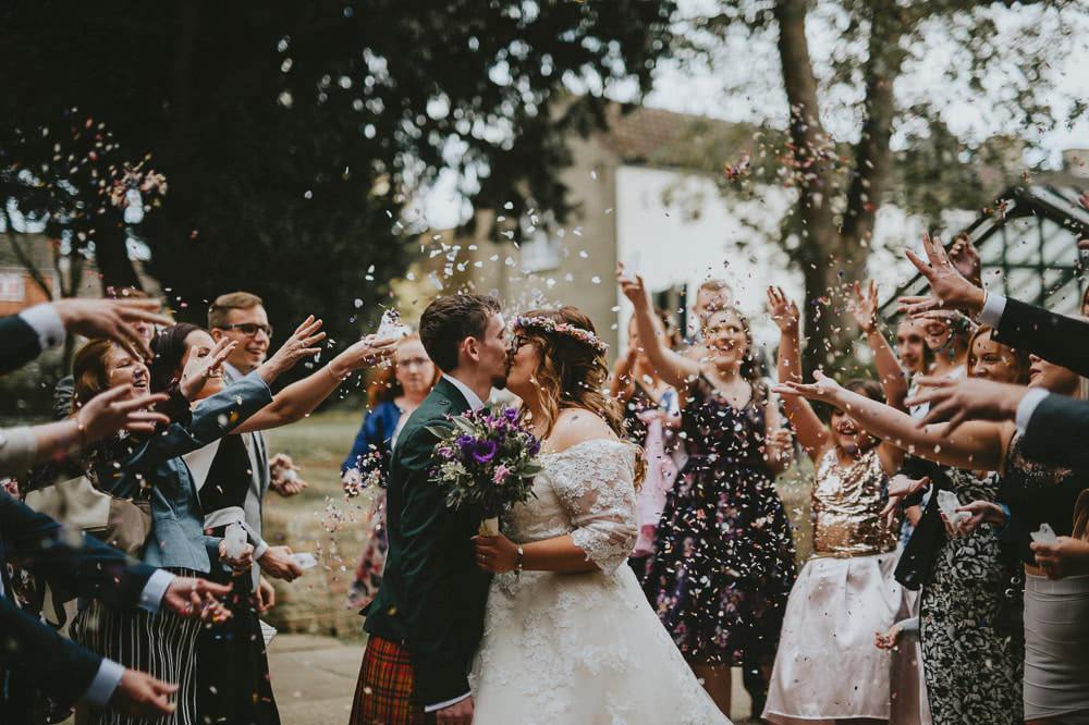 Bride Bridal Lace Sleeves Overlay A Line Dress Gown Flower Crown Kilt Green Jacket Groom Bow Tie Confetti Bouquet Ash Farm Barns Wedding Flawless Photography