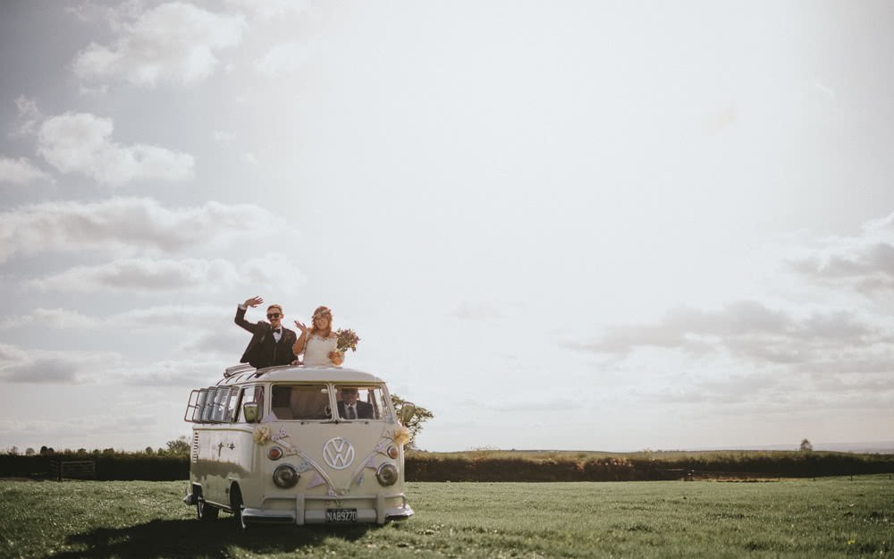 VW Arrival Bride Groom Ash Farm Barns Wedding Flawless Photography