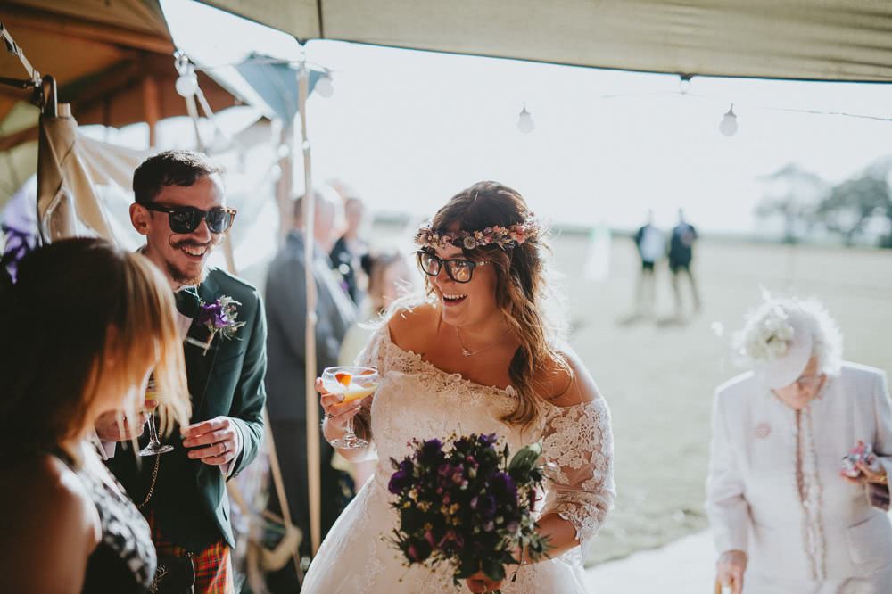 Bride Bridal Lace Sleeves Overlay A Line Dress Gown Flower Crown Kilt Green Jacket Groom Bow Tie Tipi Ash Farm Barns Wedding Flawless Photography