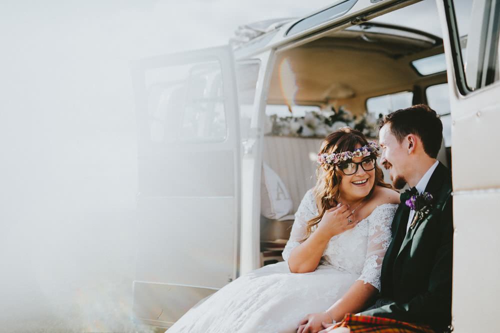Bride Bridal Lace Sleeves Overlay A Line Dress Gown Flower Crown Kilt Green Jacket Groom Bow Tie Ash Farm Barns Wedding Flawless Photography