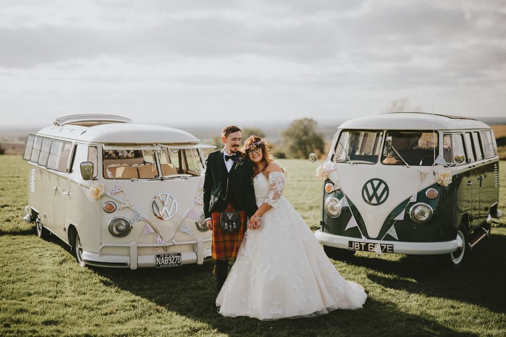 Bride Bridal Lace Sleeves Overlay A Line Dress Gown Flower Crown Kilt Green Jacket Groom Bow Tie VW Campervan Ash Farm Barns Wedding Flawless Photography